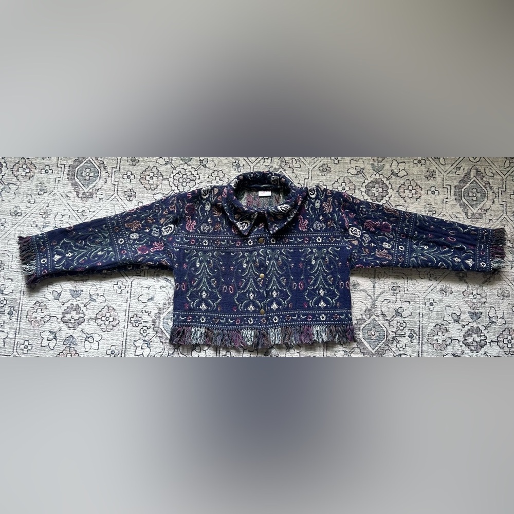 Handmade Upcycled Floral Blanket Jacket with Fringe - Picture 4 of 6